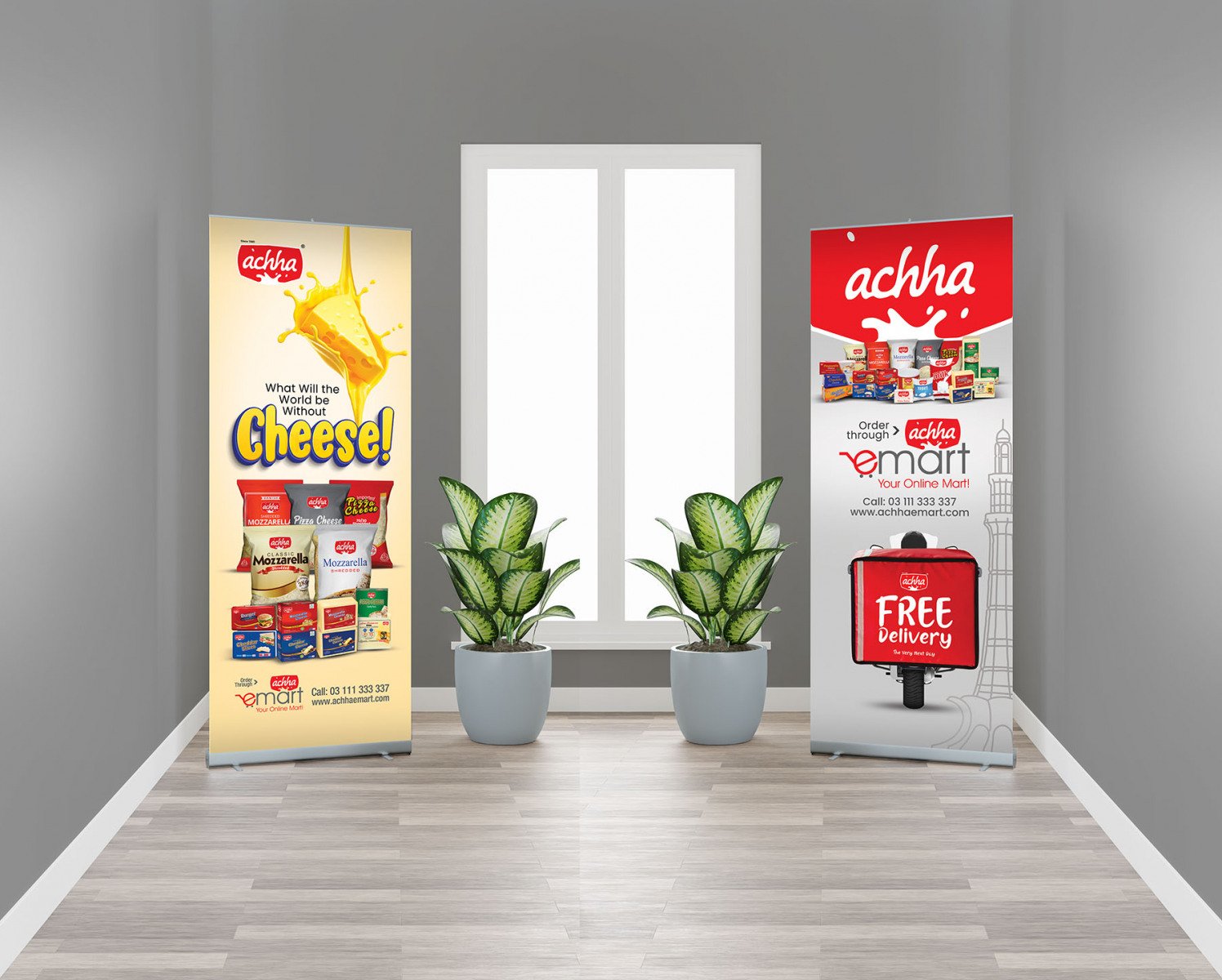 Roll up banner mockup with a plant in the room